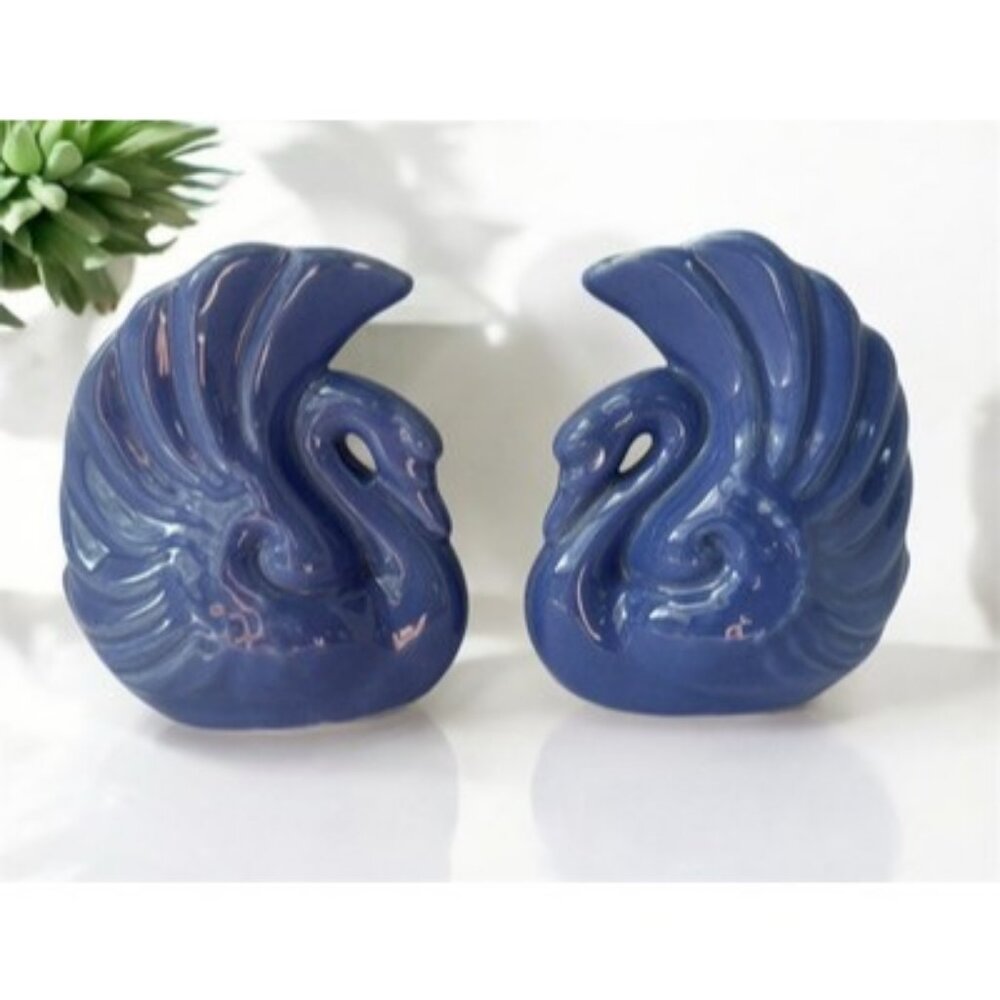 Vintage Pair Alamo Pottery Swan Planters Vases Set of 2 #725 Blue 1950s USA 5.5"